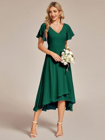 Flowing Chiffon V-Neck Ruffle Sleeves Bridesmaid Dress - Dark Green