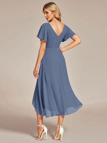 Flowing Chiffon V-Neck Ruffle Sleeves Bridesmaid Dress - Dusty Navy