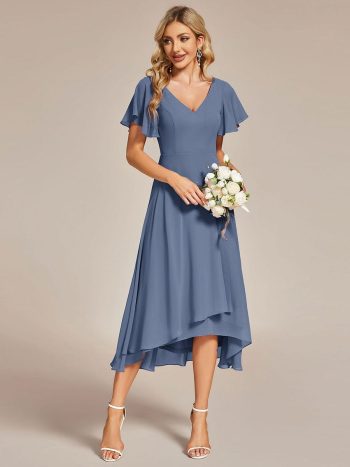 Flowing Chiffon V-Neck Ruffle Sleeves Bridesmaid Dress - Dusty Navy