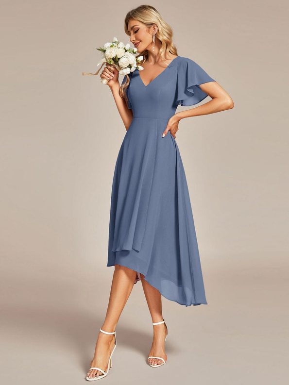 Flowing Chiffon V-Neck Ruffle Sleeves Bridesmaid Dress - Dusty Navy