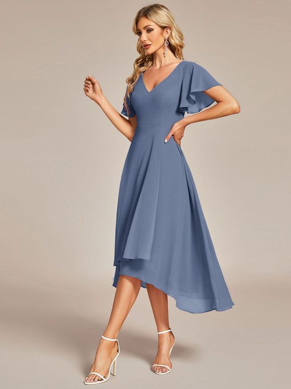 Flowing Chiffon V-Neck Ruffle Sleeves Bridesmaid Dress - Dusty Navy