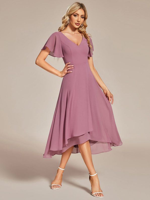 Flowing Chiffon V-Neck Ruffle Sleeves Bridesmaid Dress - Purple Orchid