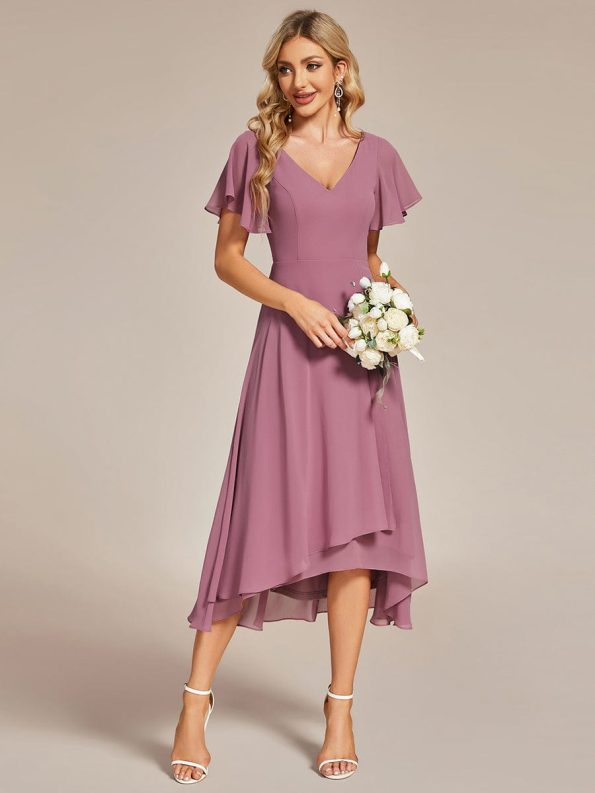 Flowing Chiffon V-Neck Ruffle Sleeves Bridesmaid Dress - Purple Orchid