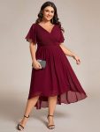 Chic V Neck Asymmetrical Hem Ruffles Sleeve Pleated Chiffon Wedding Guest Dress – Burgundy