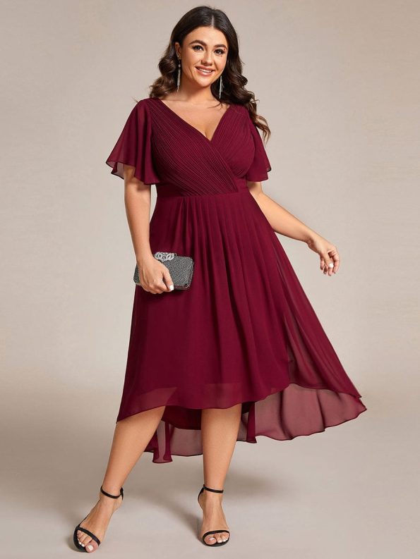 Chic V Neck Asymmetrical Hem Ruffles Sleeve Pleated Chiffon Wedding Guest Dress - Burgundy