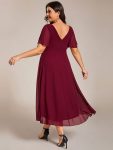 Chic V Neck Asymmetrical Hem Ruffles Sleeve Pleated Chiffon Wedding Guest Dress – Burgundy