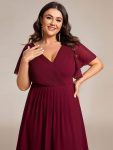 Chic V Neck Asymmetrical Hem Ruffles Sleeve Pleated Chiffon Wedding Guest Dress – Burgundy