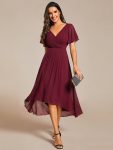 Chic V Neck Asymmetrical Hem Ruffles Sleeve Pleated Chiffon Wedding Guest Dress – Burgundy