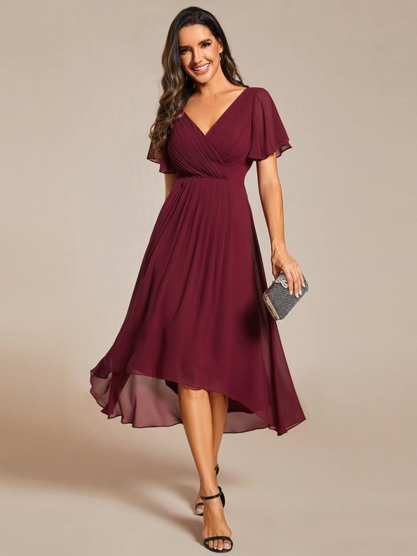 Chic V Neck Asymmetrical Hem Ruffles Sleeve Pleated Chiffon Wedding Guest Dress - Burgundy