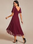 Chic V Neck Asymmetrical Hem Ruffles Sleeve Pleated Chiffon Wedding Guest Dress – Burgundy