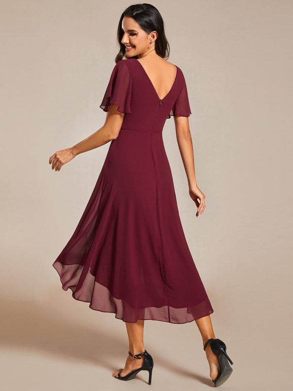 Chic V Neck Asymmetrical Hem Ruffles Sleeve Pleated Chiffon Wedding Guest Dress - Burgundy