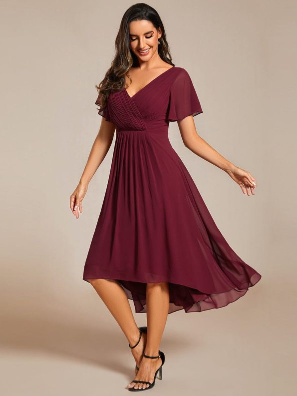 Chic V Neck Asymmetrical Hem Ruffles Sleeve Pleated Chiffon Wedding Guest Dress - Burgundy