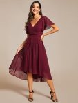 Chic V Neck Asymmetrical Hem Ruffles Sleeve Pleated Chiffon Wedding Guest Dress – Burgundy