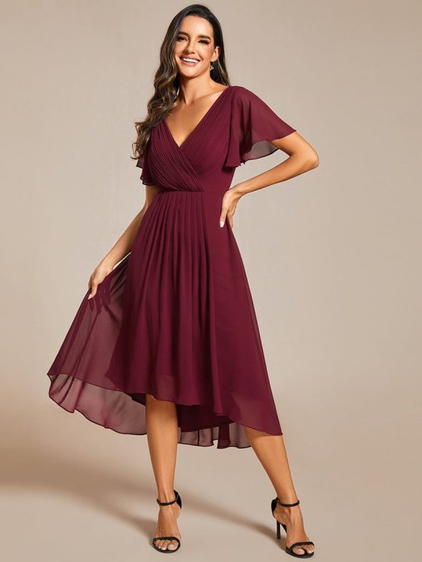 Chic V Neck Asymmetrical Hem Ruffles Sleeve Pleated Chiffon Wedding Guest Dress - Burgundy