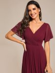 Chic V Neck Asymmetrical Hem Ruffles Sleeve Pleated Chiffon Wedding Guest Dress – Burgundy