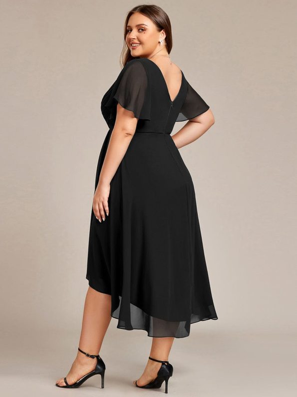 Chic V Neck Asymmetrical Hem Ruffles Sleeve Pleated Chiffon Wedding Guest Dress - Black