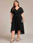 Chic V Neck Asymmetrical Hem Ruffles Sleeve Pleated Chiffon Wedding Guest Dress – Black