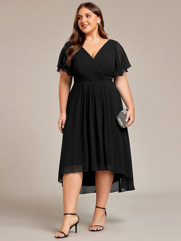 Chic V Neck Asymmetrical Hem Ruffles Sleeve Pleated Chiffon Wedding Guest Dress - Black