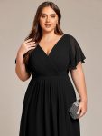 Chic V Neck Asymmetrical Hem Ruffles Sleeve Pleated Chiffon Wedding Guest Dress – Black