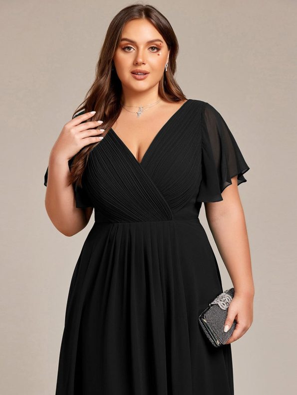 Chic V Neck Asymmetrical Hem Ruffles Sleeve Pleated Chiffon Wedding Guest Dress - Black