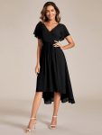 Chic V Neck Asymmetrical Hem Ruffles Sleeve Pleated Chiffon Wedding Guest Dress – Black