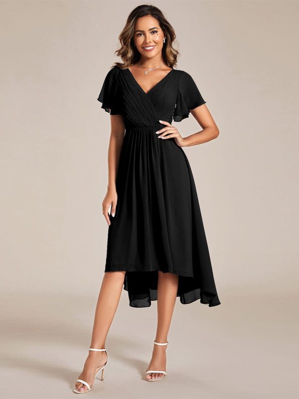 Chic V Neck Asymmetrical Hem Ruffles Sleeve Pleated Chiffon Wedding Guest Dress - Black