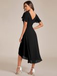 Chic V Neck Asymmetrical Hem Ruffles Sleeve Pleated Chiffon Wedding Guest Dress – Black