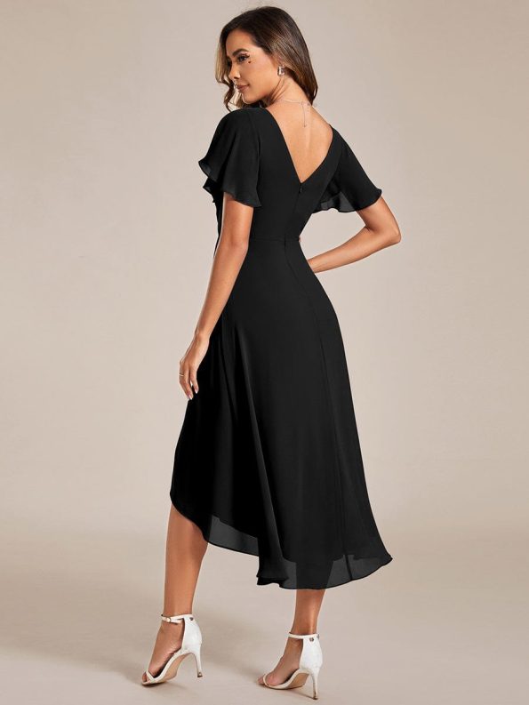 Chic V Neck Asymmetrical Hem Ruffles Sleeve Pleated Chiffon Wedding Guest Dress - Black