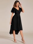 Chic V Neck Asymmetrical Hem Ruffles Sleeve Pleated Chiffon Wedding Guest Dress – Black