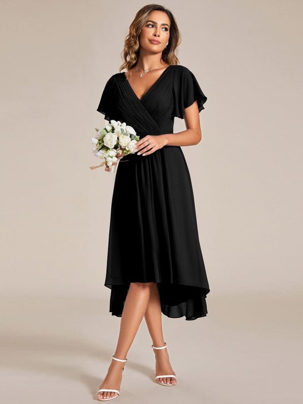 Chic V Neck Asymmetrical Hem Ruffles Sleeve Pleated Chiffon Wedding Guest Dress - Black