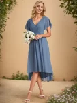 Chic V Neck Asymmetrical Hem Ruffles Sleeve Pleated Chiffon Wedding Guest Dress