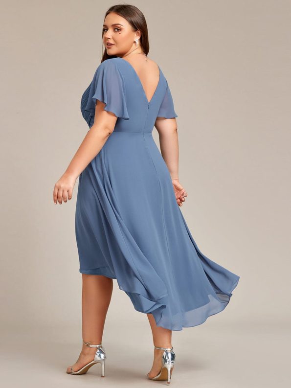 Chic V Neck Asymmetrical Hem Ruffles Sleeve Pleated Chiffon Wedding Guest Dress - Dusty Navy