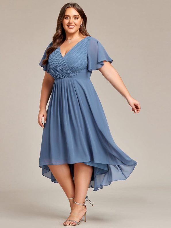 Chic V Neck Asymmetrical Hem Ruffles Sleeve Pleated Chiffon Wedding Guest Dress - Dusty Navy