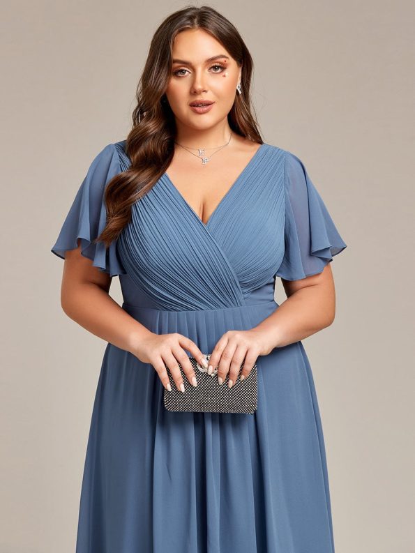 Chic V Neck Asymmetrical Hem Ruffles Sleeve Pleated Chiffon Wedding Guest Dress - Dusty Navy