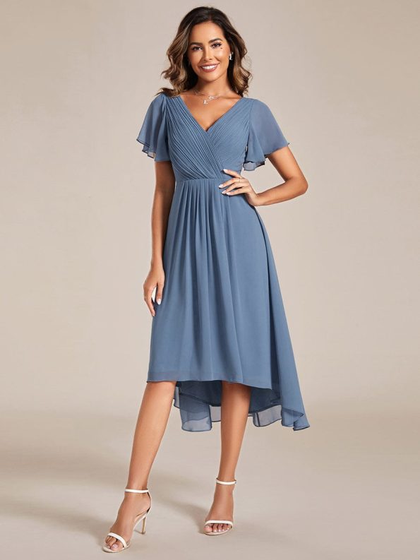 Chic V Neck Asymmetrical Hem Ruffles Sleeve Pleated Chiffon Wedding Guest Dress - Dusty Navy