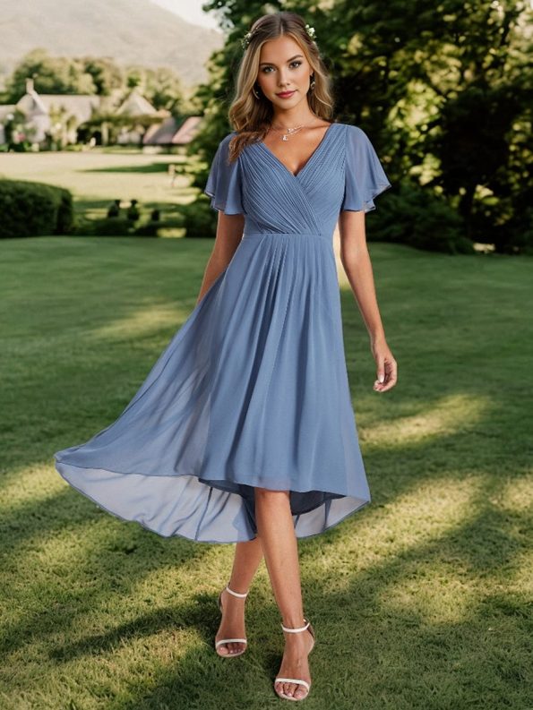 Chic V Neck Asymmetrical Hem Ruffles Sleeve Pleated Chiffon Wedding Guest Dress - Dusty Navy