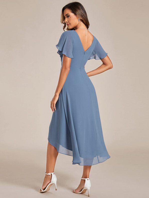 Chic V Neck Asymmetrical Hem Ruffles Sleeve Pleated Chiffon Wedding Guest Dress - Dusty Navy