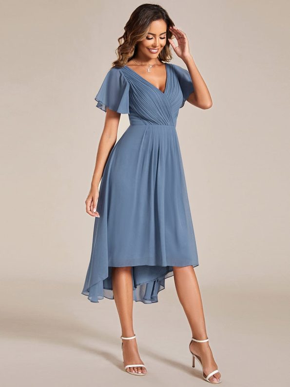 Chic V Neck Asymmetrical Hem Ruffles Sleeve Pleated Chiffon Wedding Guest Dress - Dusty Navy