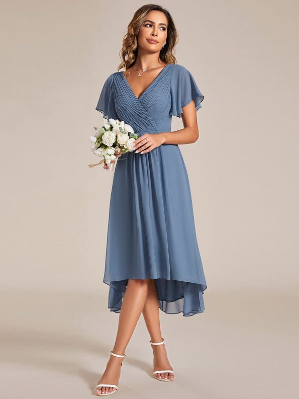 Chic V Neck Asymmetrical Hem Ruffles Sleeve Pleated Chiffon Wedding Guest Dress - Dusty Navy