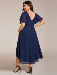 Chic V Neck Asymmetrical Hem Ruffles Sleeve Pleated Chiffon Wedding Guest Dress – Navy Blue