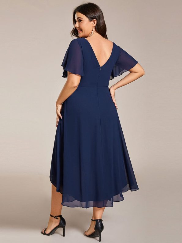 Chic V Neck Asymmetrical Hem Ruffles Sleeve Pleated Chiffon Wedding Guest Dress - Navy Blue