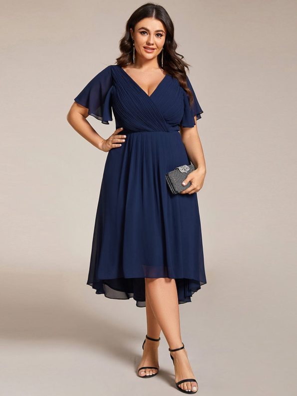 Chic V Neck Asymmetrical Hem Ruffles Sleeve Pleated Chiffon Wedding Guest Dress - Navy Blue