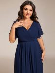 Chic V Neck Asymmetrical Hem Ruffles Sleeve Pleated Chiffon Wedding Guest Dress – Navy Blue