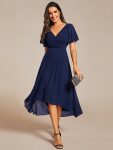 Chic V Neck Asymmetrical Hem Ruffles Sleeve Pleated Chiffon Wedding Guest Dress – Navy Blue