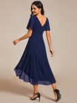 Chic V Neck Asymmetrical Hem Ruffles Sleeve Pleated Chiffon Wedding Guest Dress – Navy Blue