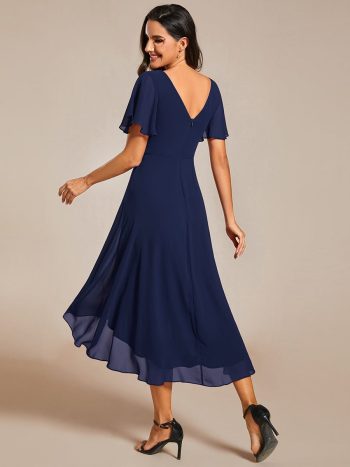 Chic V Neck Asymmetrical Hem Ruffles Sleeve Pleated Chiffon Wedding Guest Dress - Navy Blue