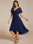 Chic V Neck Asymmetrical Hem Ruffles Sleeve Pleated Chiffon Wedding Guest Dress – Navy Blue