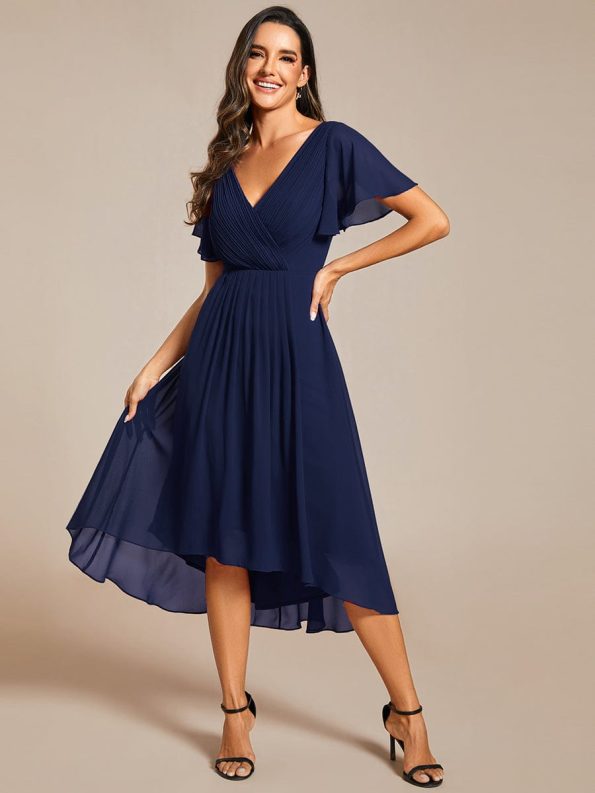 Chic V Neck Asymmetrical Hem Ruffles Sleeve Pleated Chiffon Wedding Guest Dress - Navy Blue