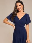 Chic V Neck Asymmetrical Hem Ruffles Sleeve Pleated Chiffon Wedding Guest Dress – Navy Blue