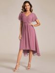 Chic V Neck Asymmetrical Hem Ruffles Sleeve Pleated Chiffon Wedding Guest Dress - Purple Orchid